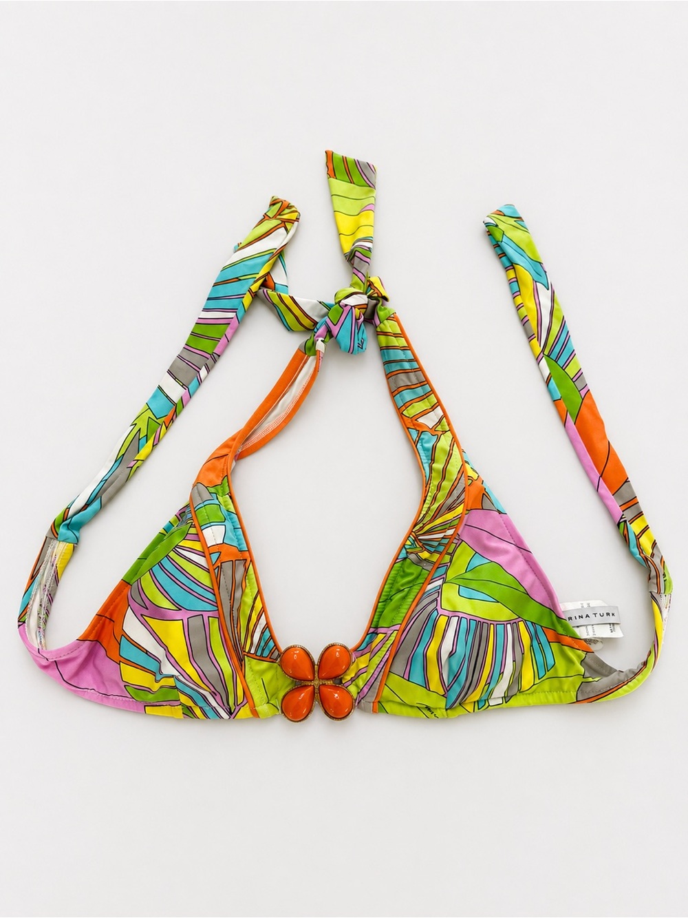 Trina Turk Size 6 Colorful Print Halter Bikini Top Orange Butterfly Hardware